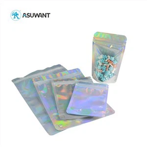 Un côté transparent en papier holographique en plastique holographique sac à glissière avec logo de conception personnalisée